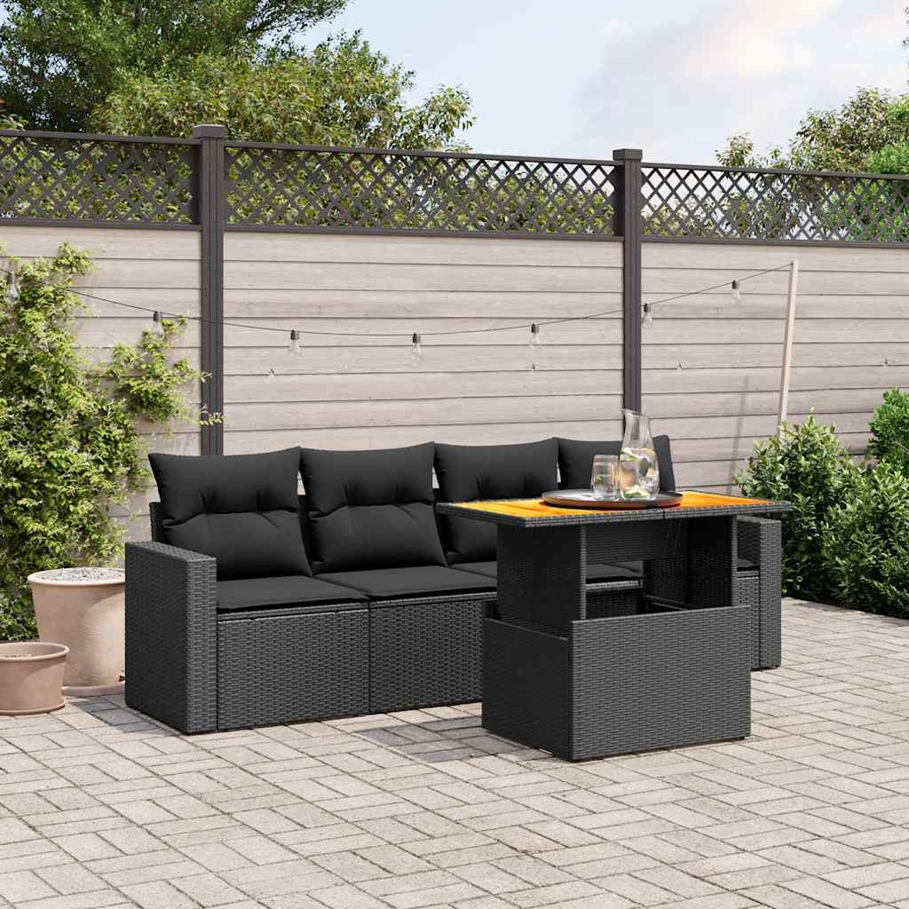 5-delige Loungeset met kussens poly rattan zwart – afbeelding 1