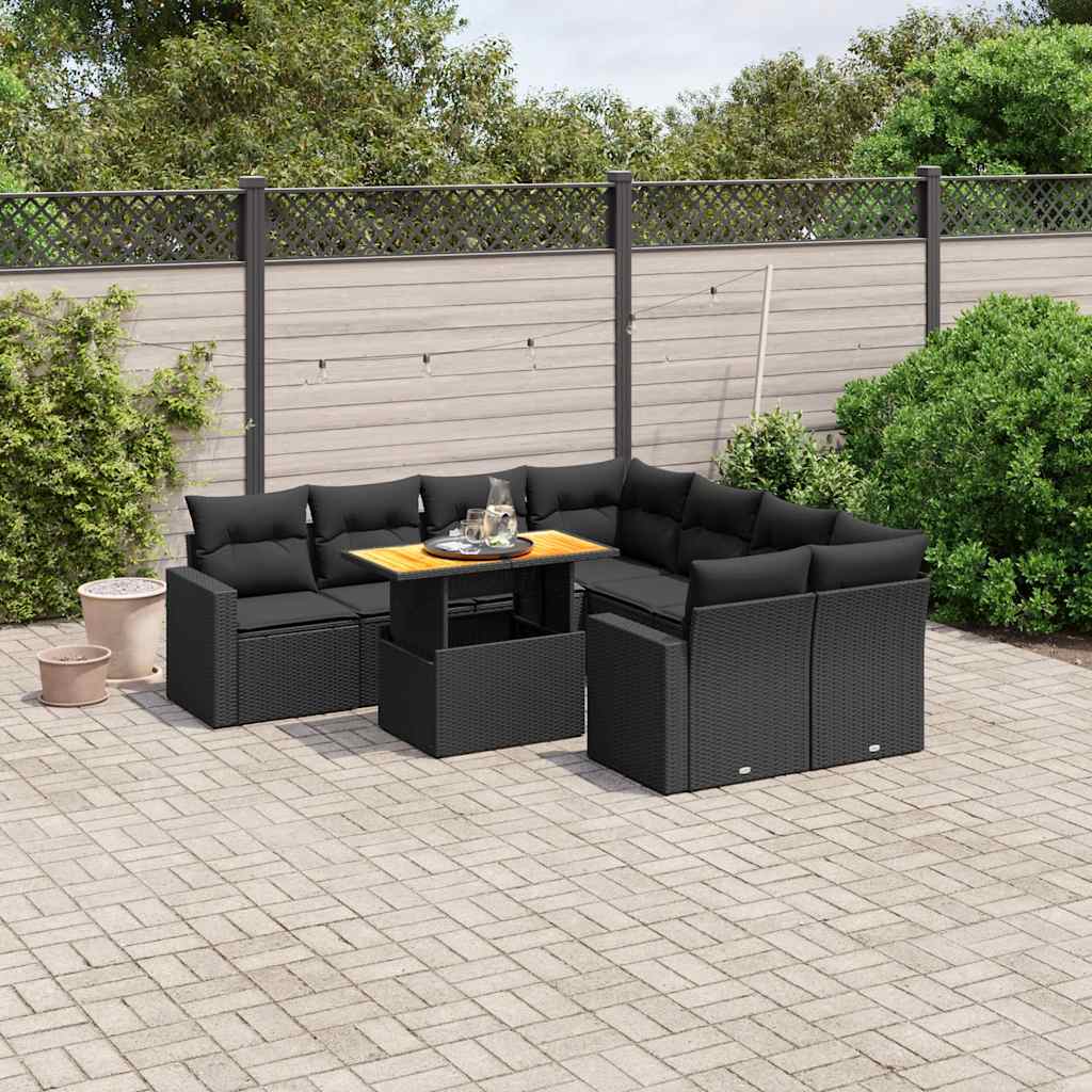 9-delige Loungeset met kussens poly rattan zwart – afbeelding 1
