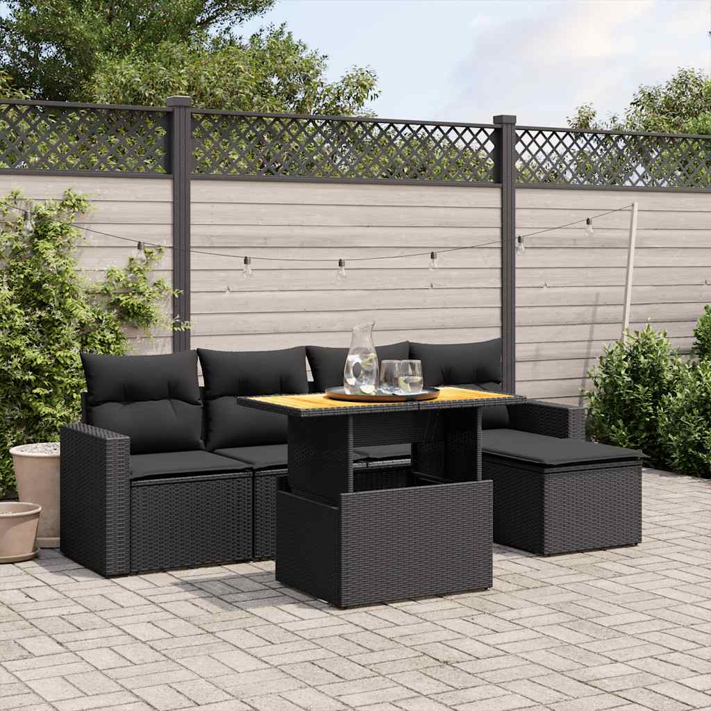6-delige Loungeset met kussens poly rattan zwart – afbeelding 1