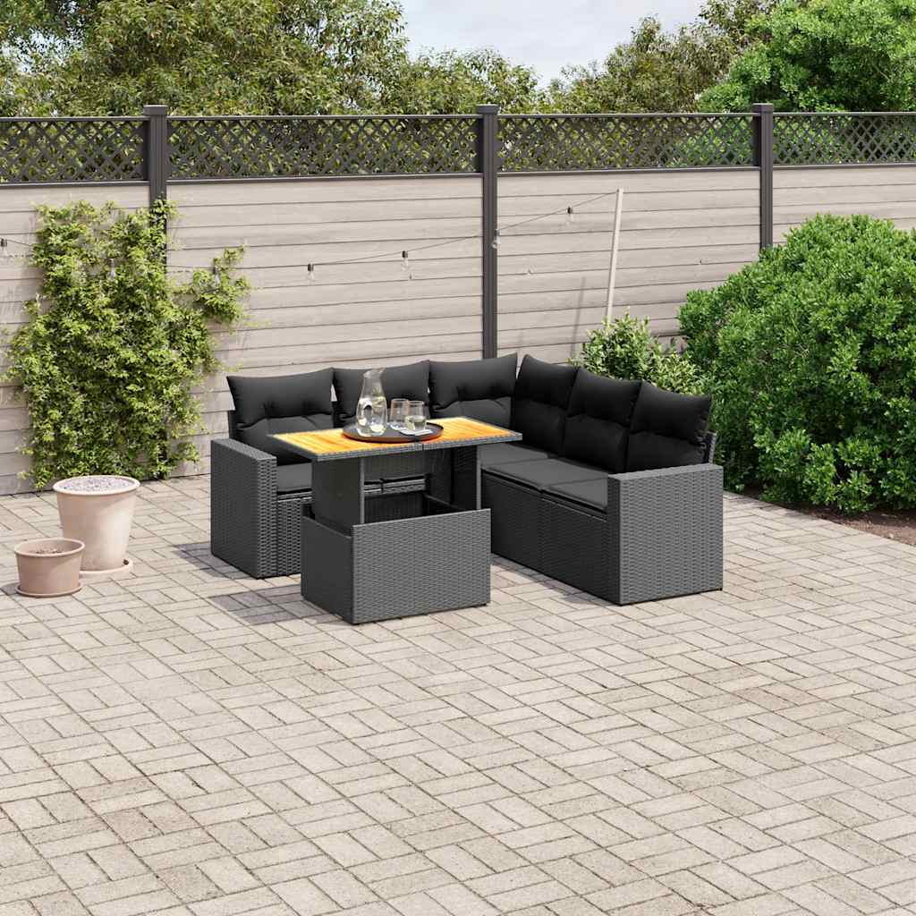 6-delige Loungeset met kussens poly rattan zwart – afbeelding 1