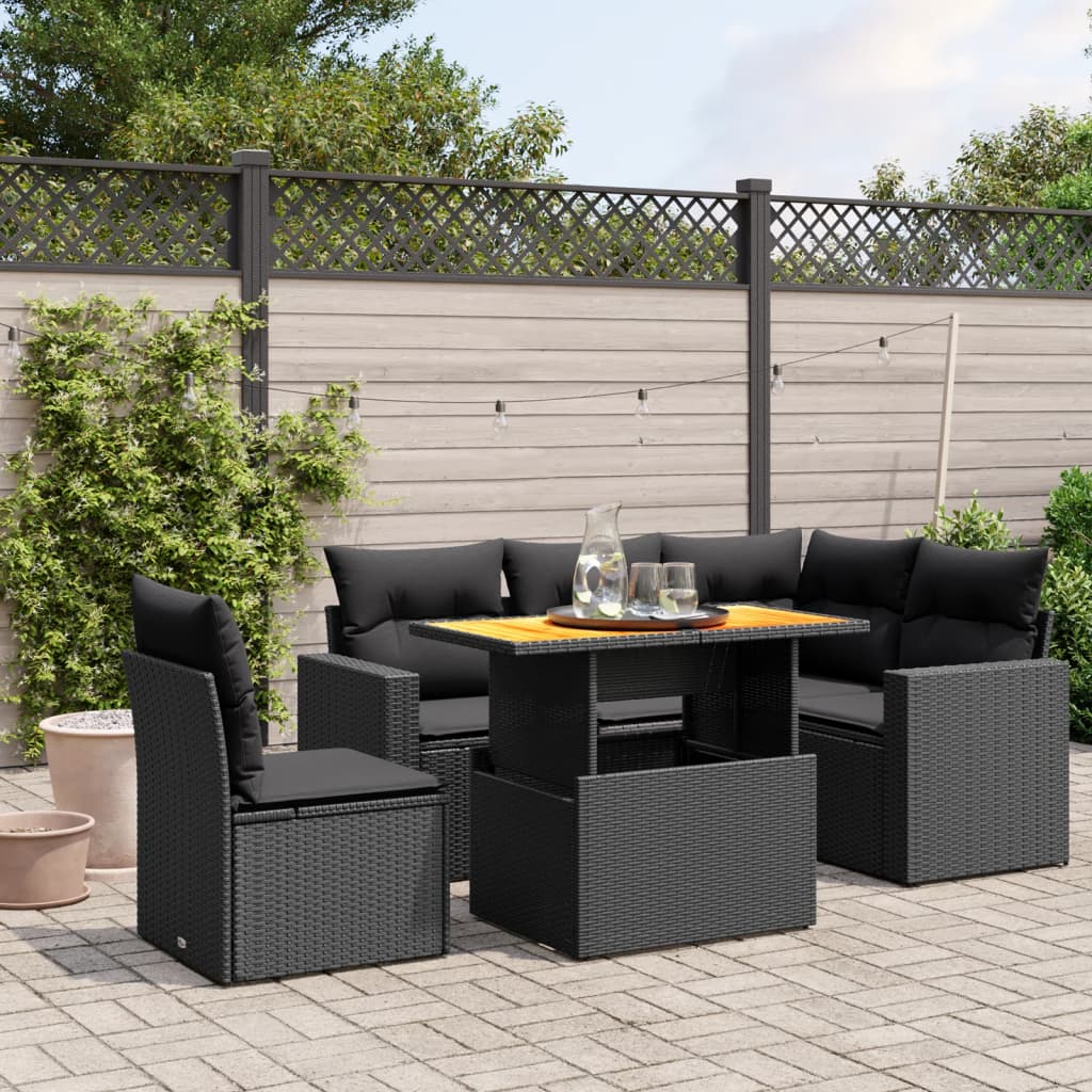 6-delige Loungeset met kussens poly rattan zwart – afbeelding 1