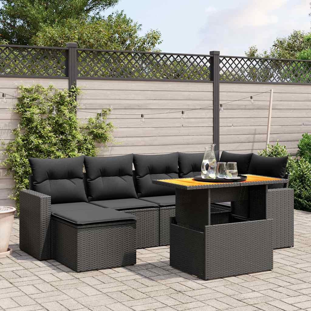 7-delige Loungeset met kussens poly rattan zwart – afbeelding 1
