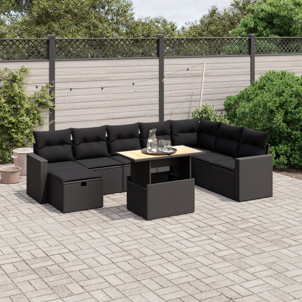 9-delige Loungeset met kussens poly rattan zwart – afbeelding 1