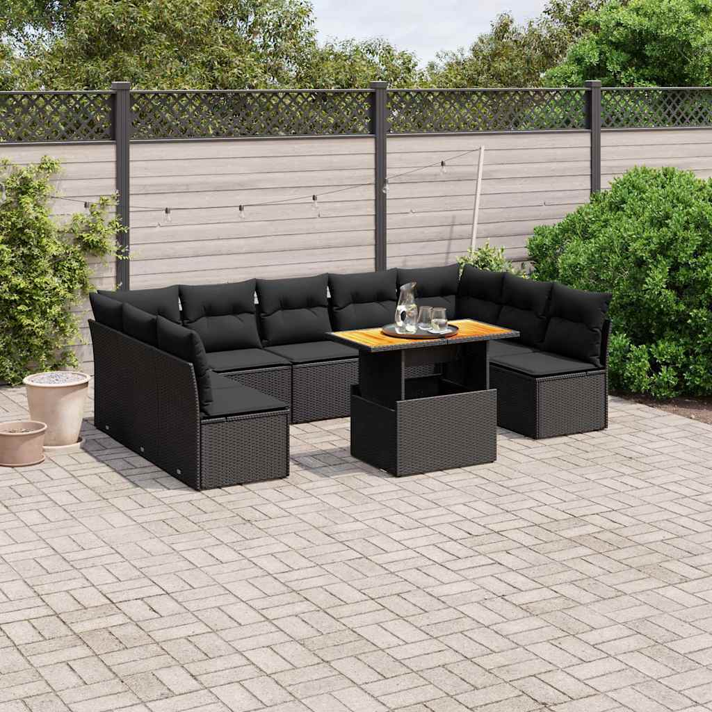 10-delige Loungeset met kussens poly rattan zwart