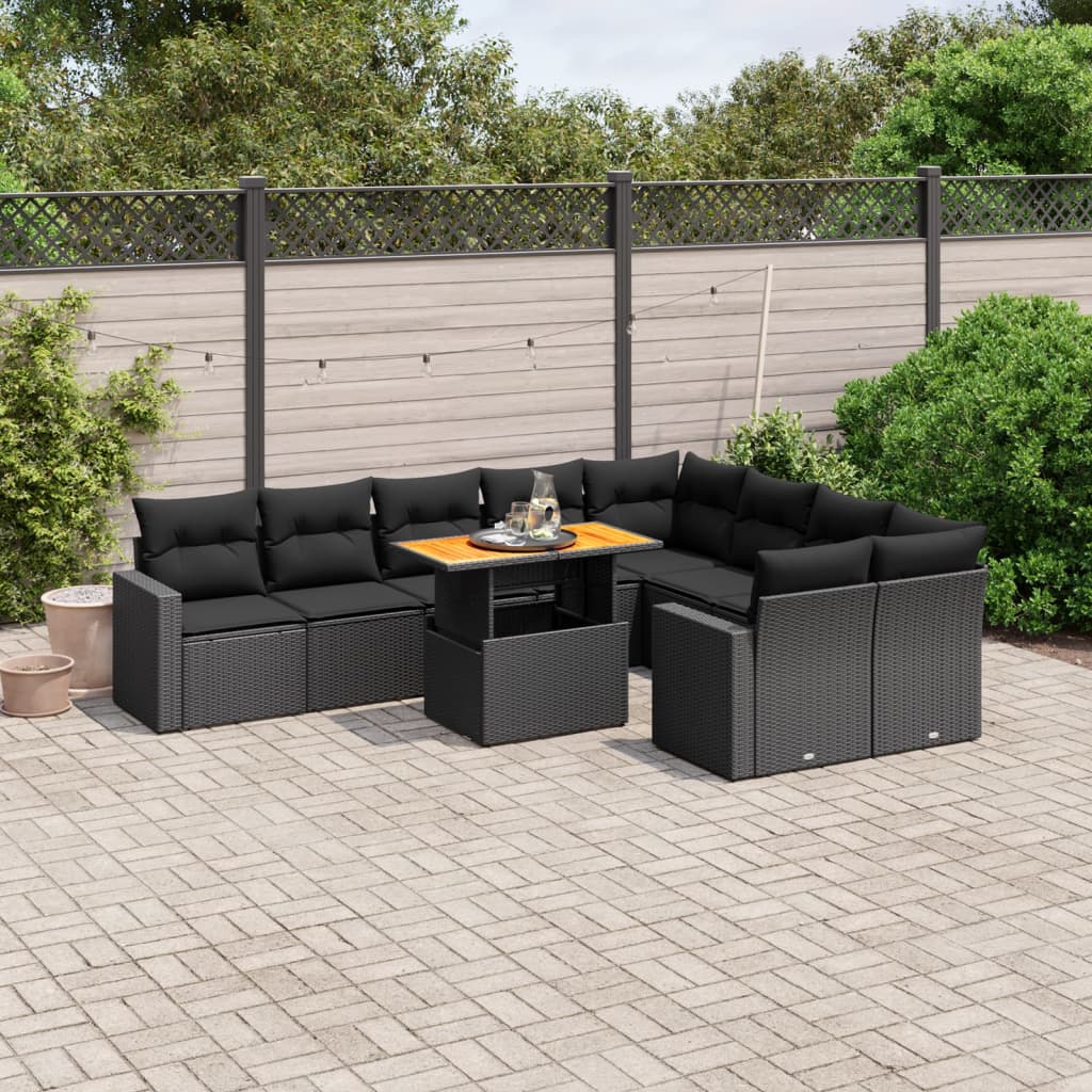 10-delige Loungeset met kussens poly rattan zwart – afbeelding 1