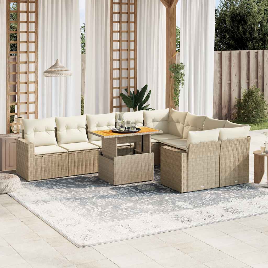 10-delige Loungeset met kussens poly rattan beige – afbeelding 1