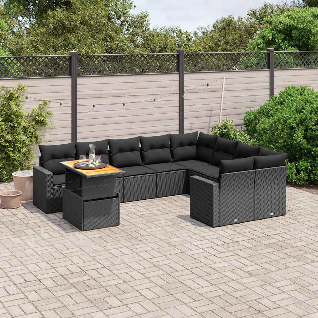 10-delige Loungeset met kussens poly rattan zwart – afbeelding 1