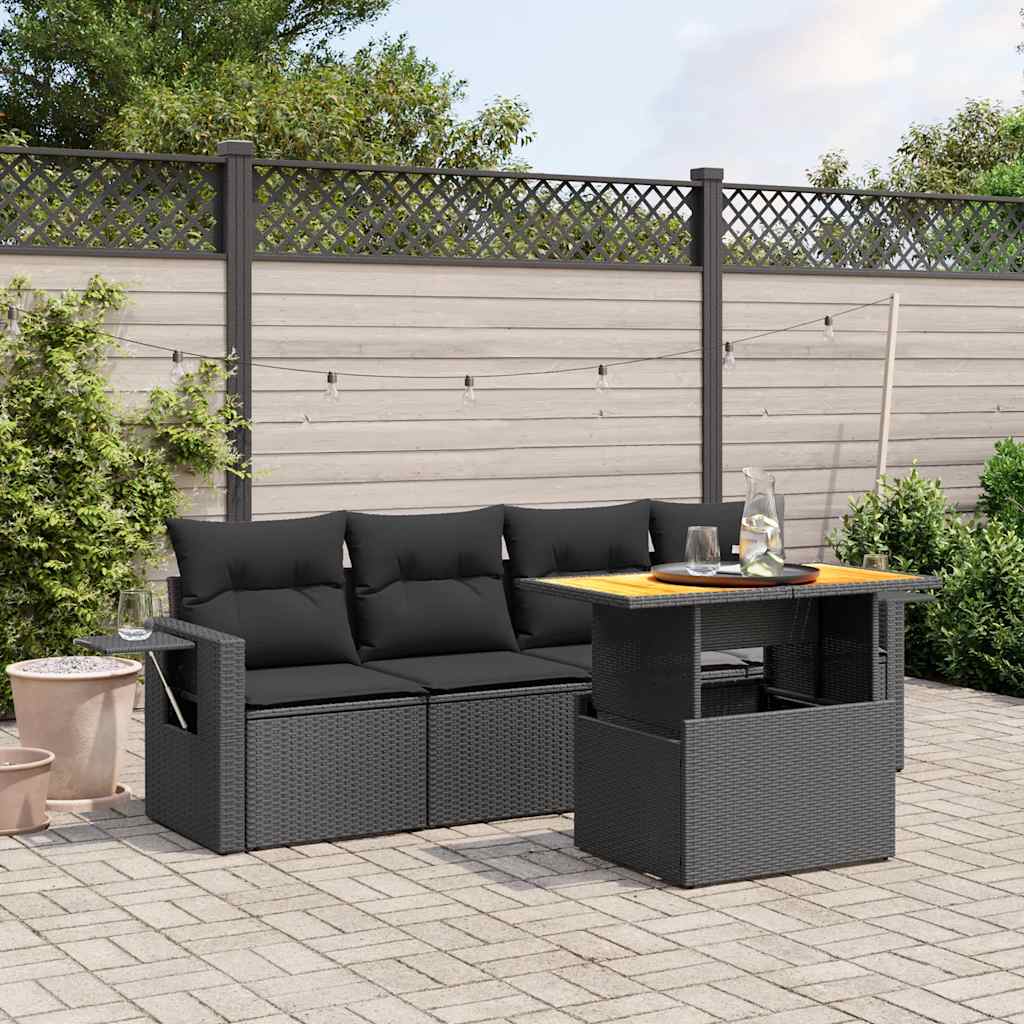 5-delige Loungeset met kussens poly rattan zwart – afbeelding 1