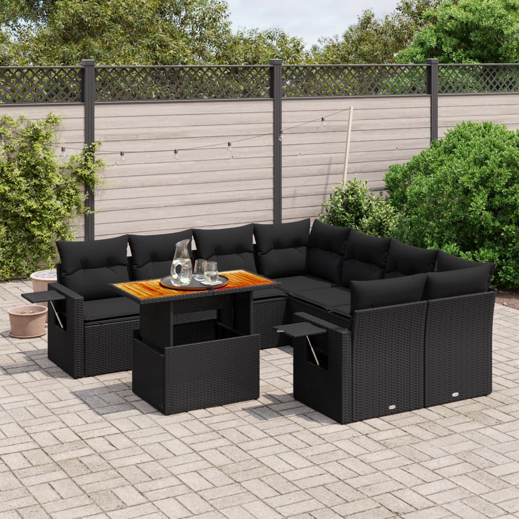9-delige Loungeset met kussens poly rattan zwart – afbeelding 1