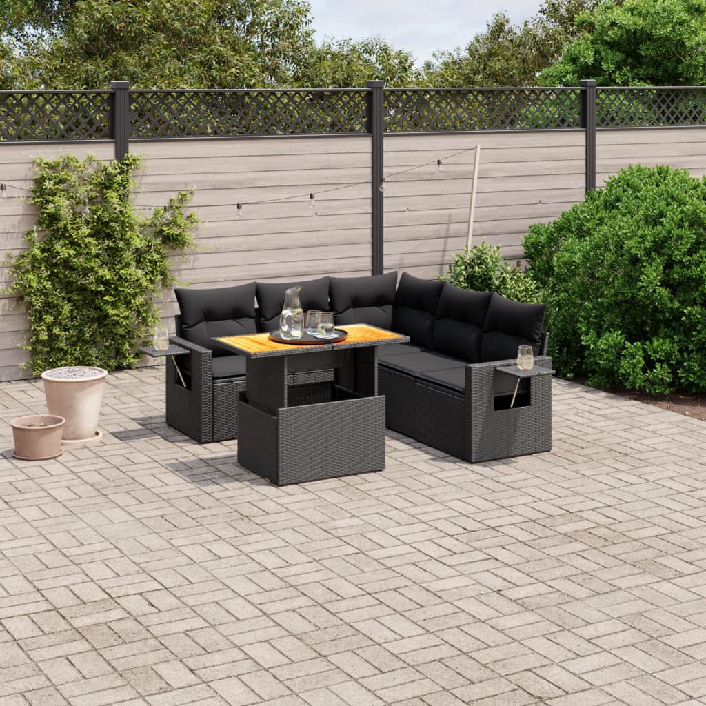 6-delige Loungeset met kussens poly rattan zwart – afbeelding 1