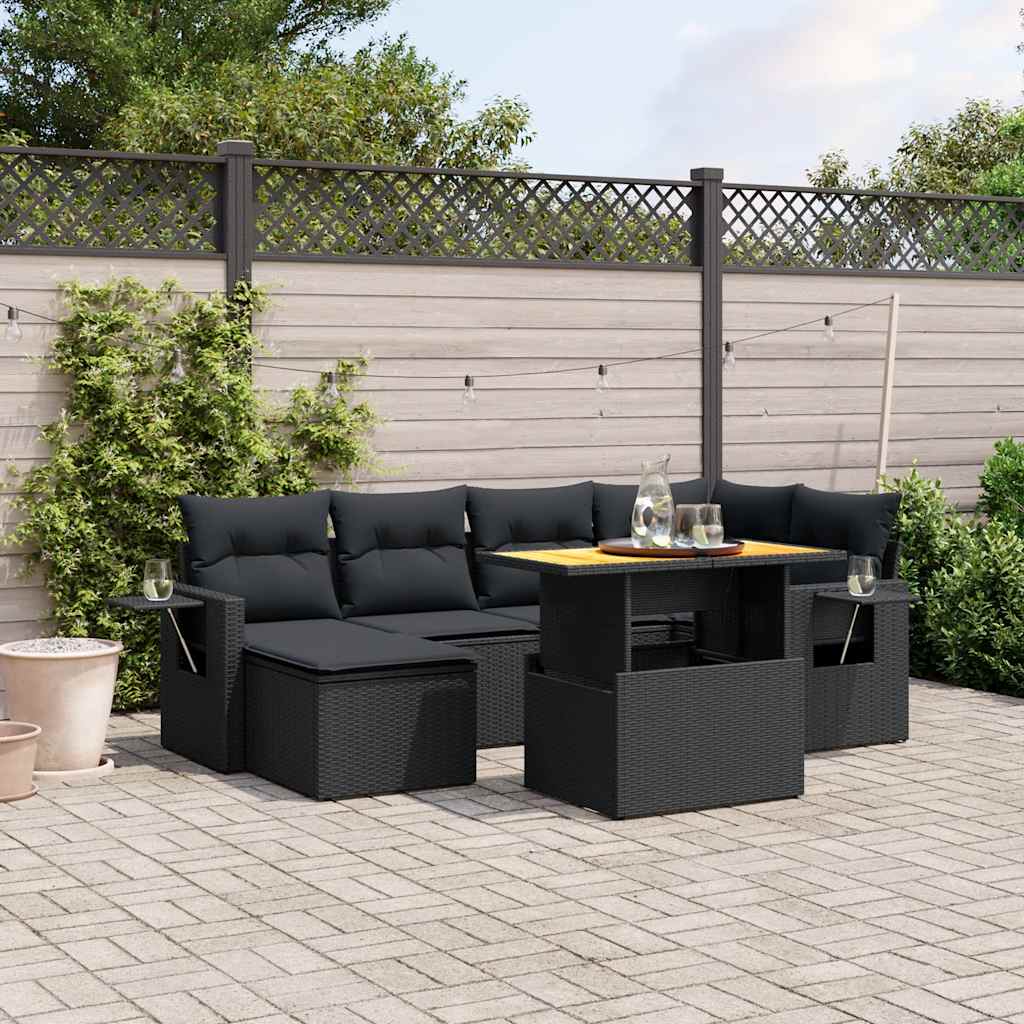 7-delige Loungeset met kussens poly rattan zwart – afbeelding 1
