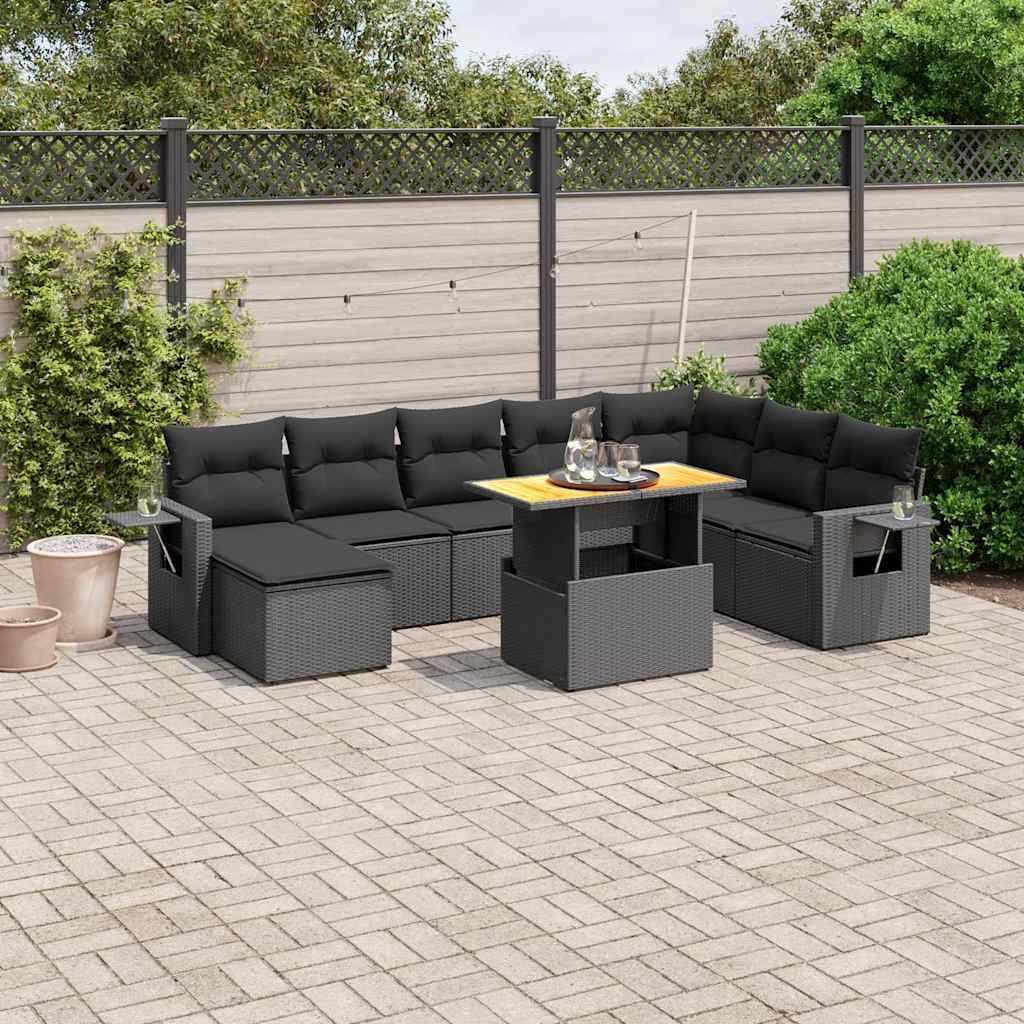 9-delige Loungeset met kussens poly rattan zwart – afbeelding 1