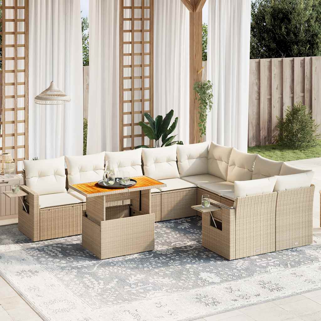 10-delige Loungeset met kussens poly rattan beige – afbeelding 1
