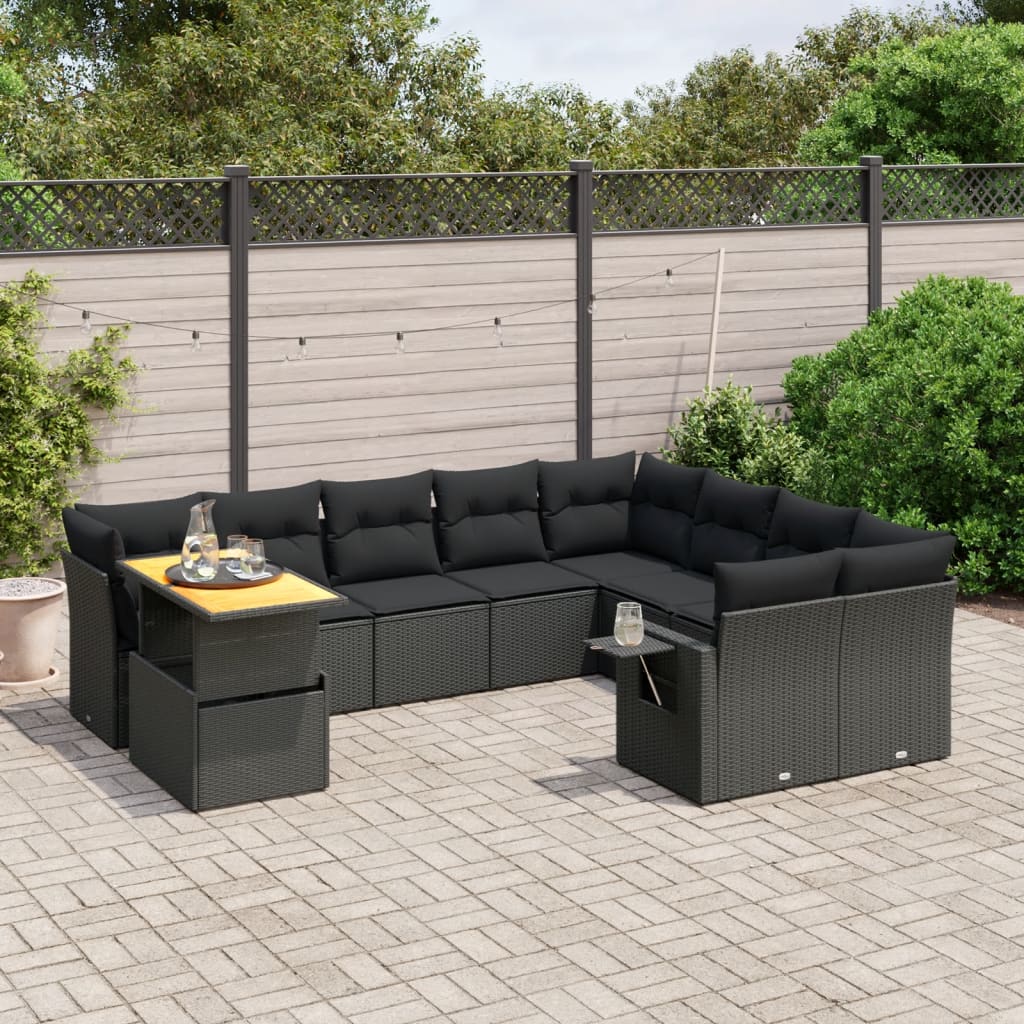 10-delige Loungeset met kussens poly rattan zwart – afbeelding 1