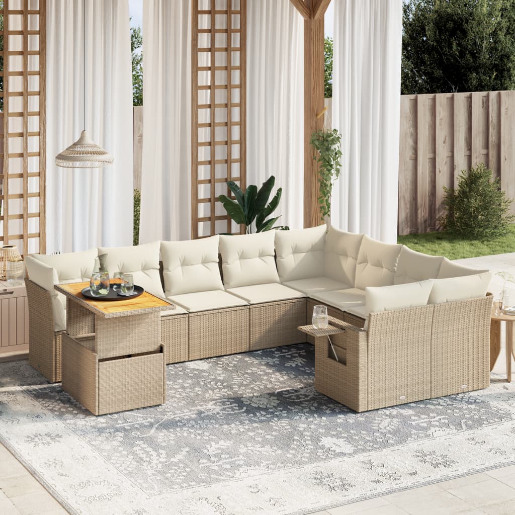 10-delige Loungeset met kussens poly rattan beige – afbeelding 1