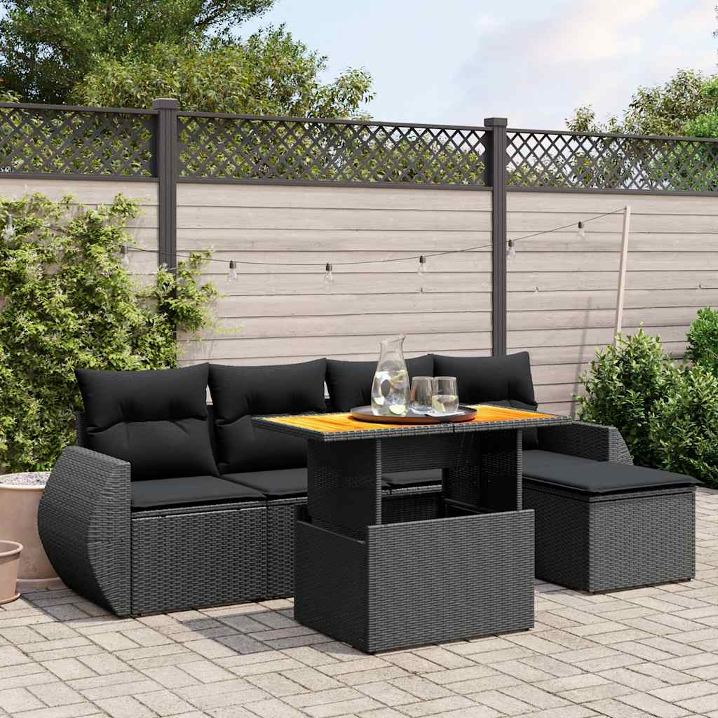 6-delige Loungeset met kussens poly rattan zwart – afbeelding 1