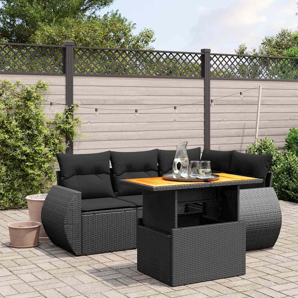 5-delige Loungeset met kussens poly rattan zwart – afbeelding 1