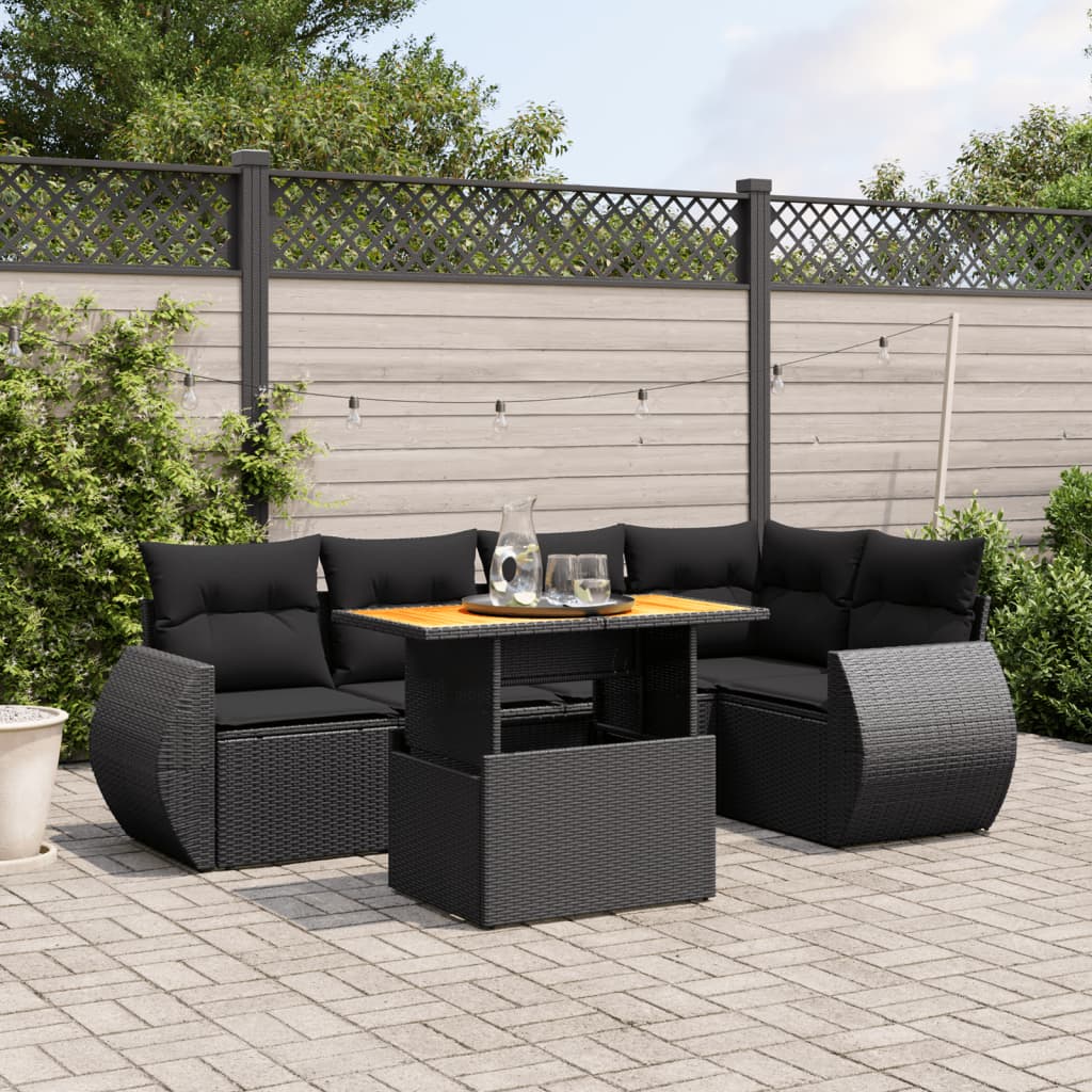 6-delige Loungeset met kussens poly rattan zwart – afbeelding 1