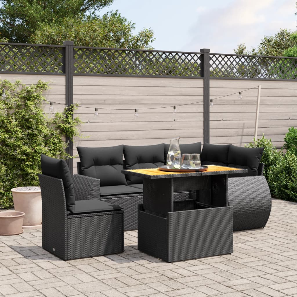 6-delige Loungeset met kussens poly rattan zwart – afbeelding 1