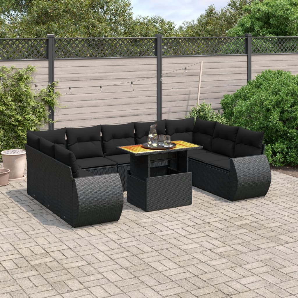 10-delige Loungeset met kussens poly rattan zwart – afbeelding 1