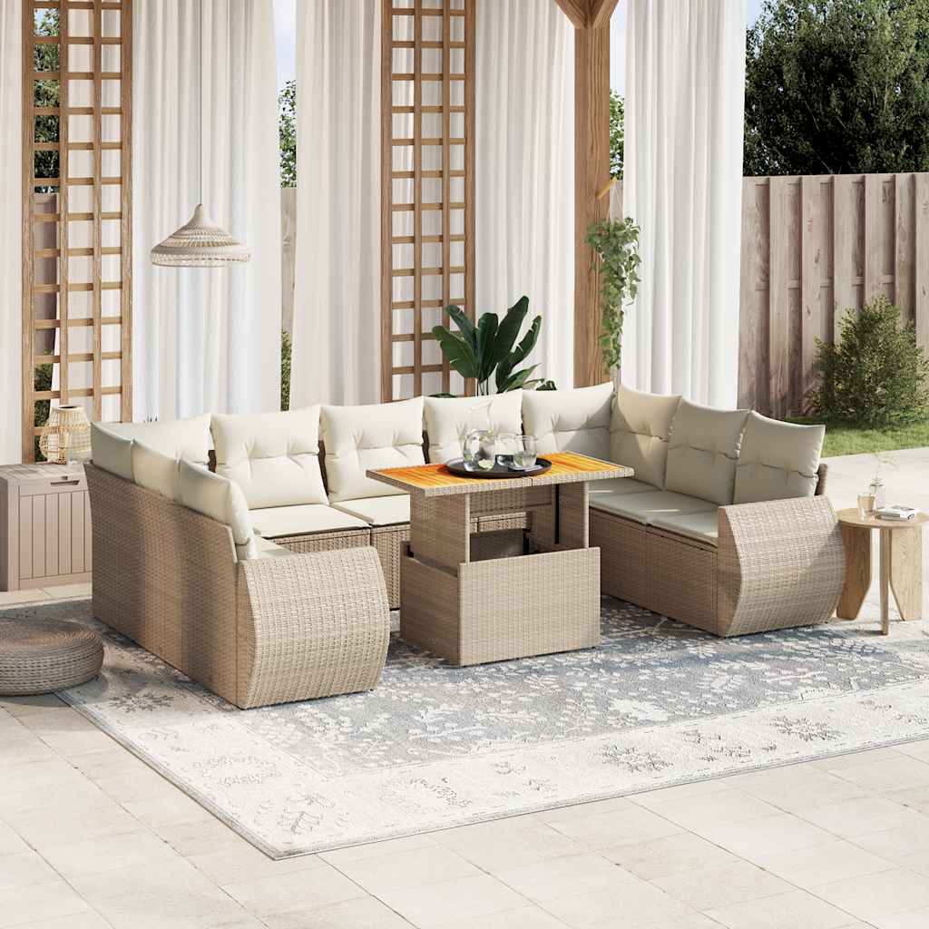 10-delige Loungeset met kussens poly rattan beige – afbeelding 1
