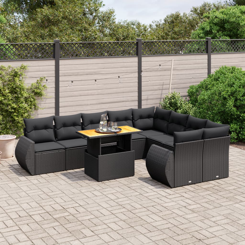 10-delige Loungeset met kussens poly rattan zwart – afbeelding 1