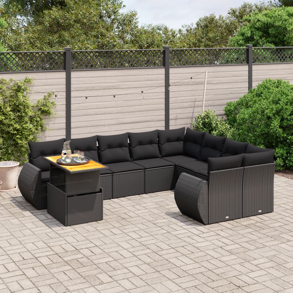 10-delige Loungeset met kussens poly rattan zwart – afbeelding 1