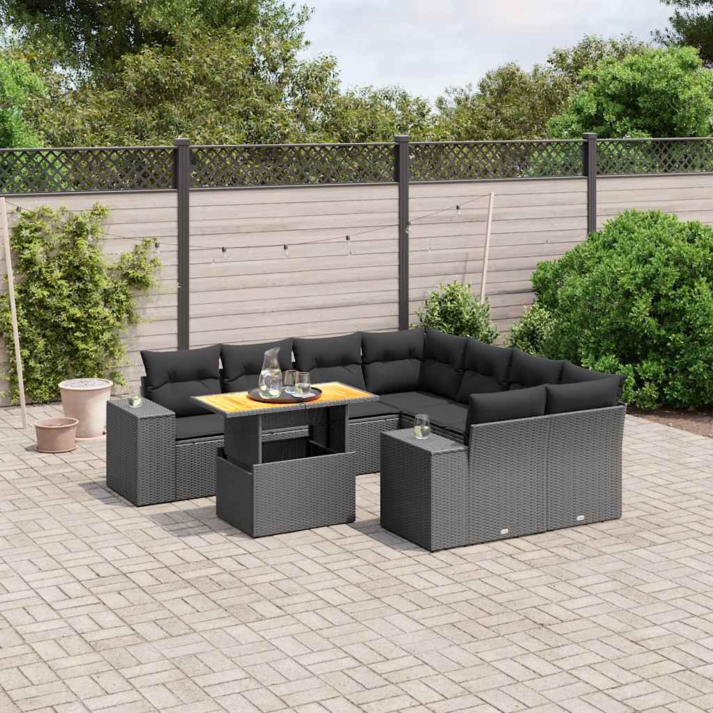 9-delige Loungeset met kussens poly rattan zwart – afbeelding 1
