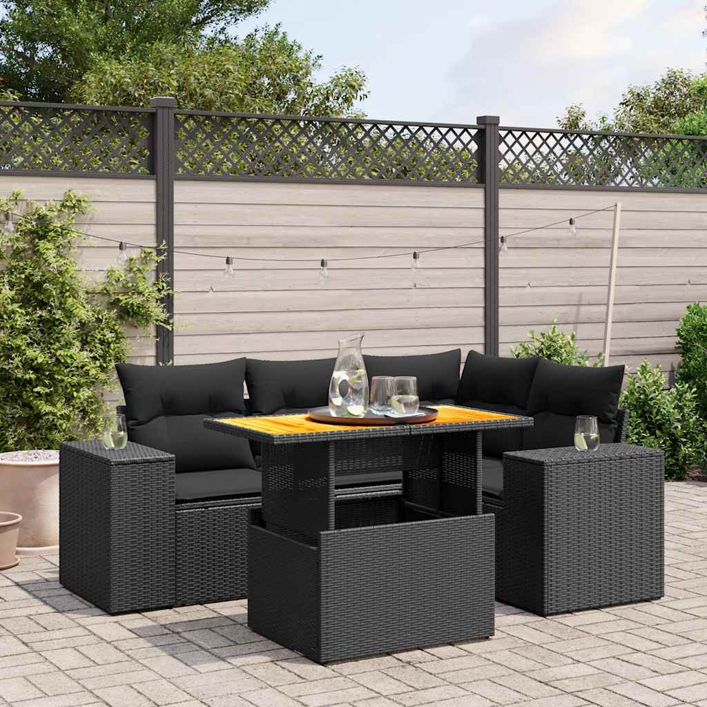5-delige Loungeset met kussens poly rattan zwart – afbeelding 1