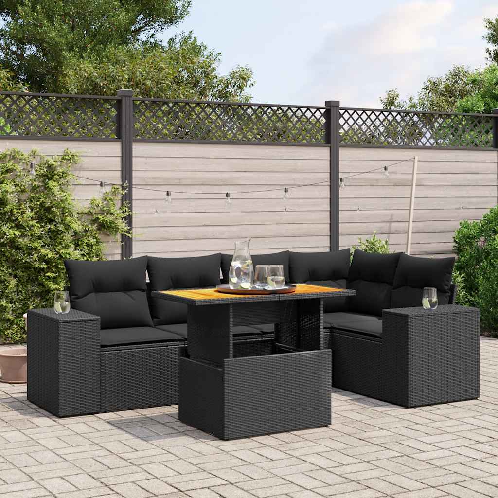 6-delige Loungeset met kussens poly rattan zwart – afbeelding 1