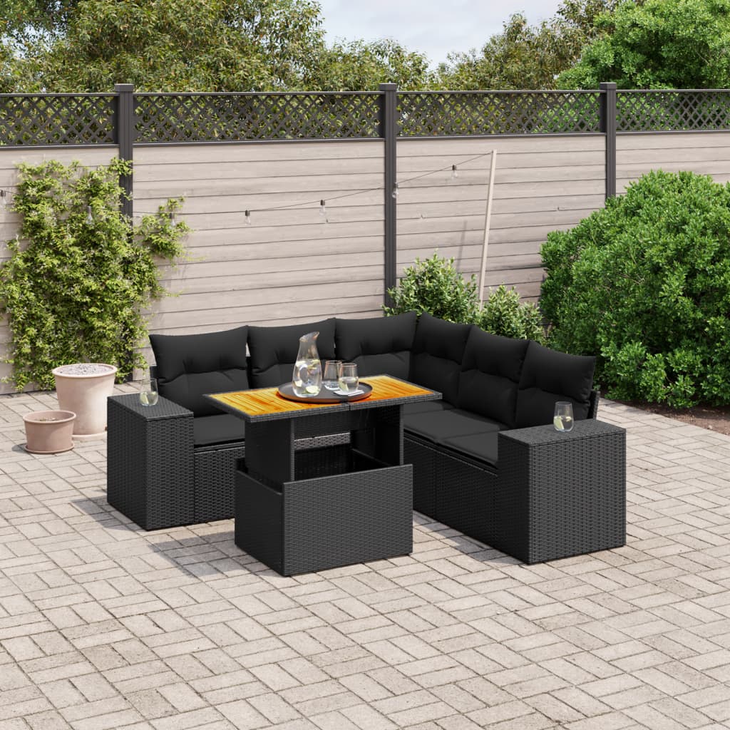 6-delige Loungeset met kussens poly rattan zwart – afbeelding 1