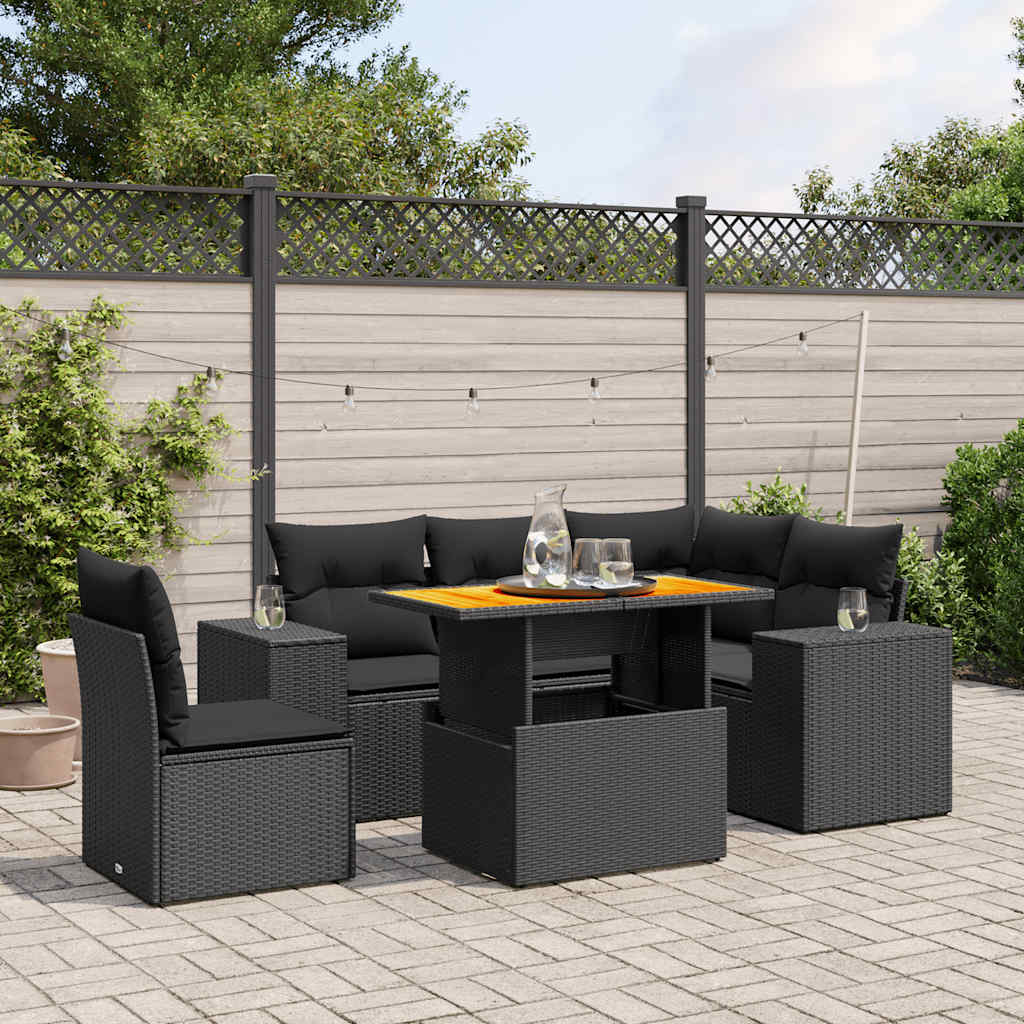6-delige Loungeset met kussens poly rattan zwart – afbeelding 1
