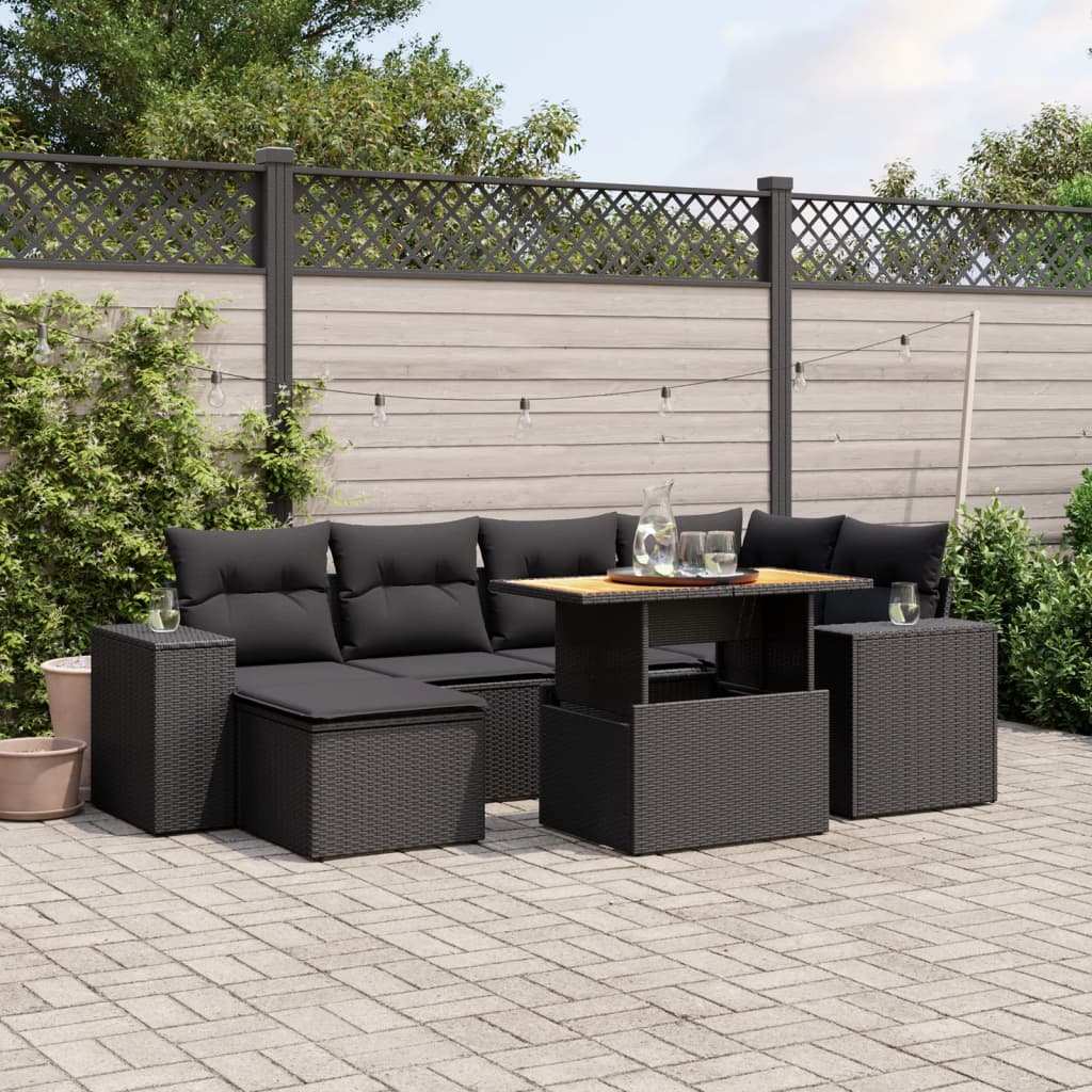 7-delige Loungeset met kussens poly rattan zwart – afbeelding 1