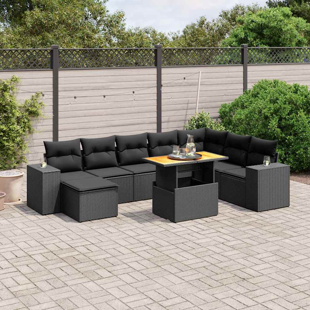 9-delige Loungeset met kussens poly rattan zwart – afbeelding 1