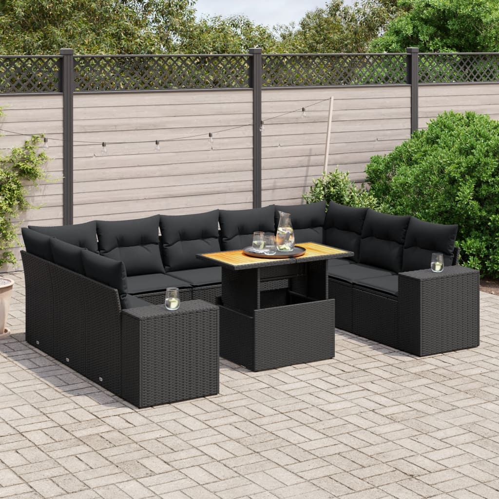 10-delige Loungeset met kussens poly rattan zwart – afbeelding 1