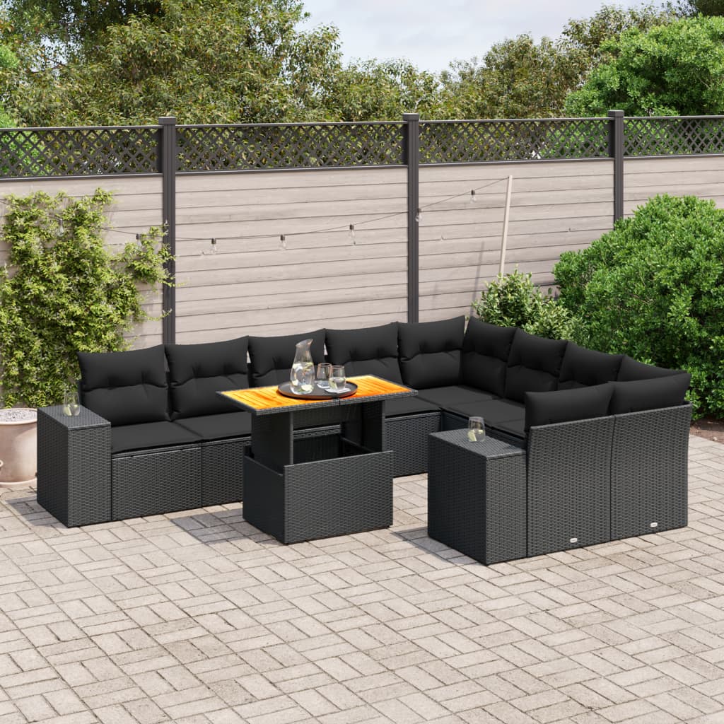 10-delige Loungeset met kussens poly rattan zwart – afbeelding 1