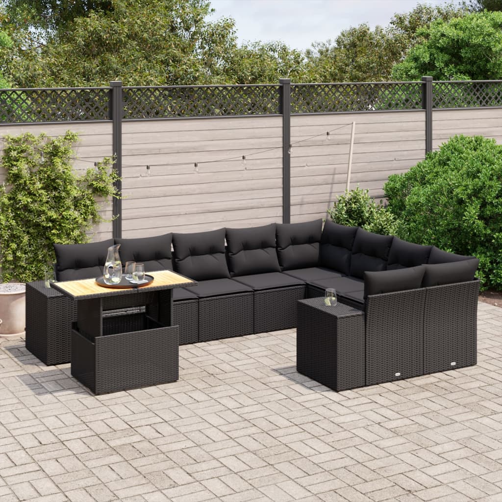 10-delige Loungeset met kussens poly rattan zwart – afbeelding 1
