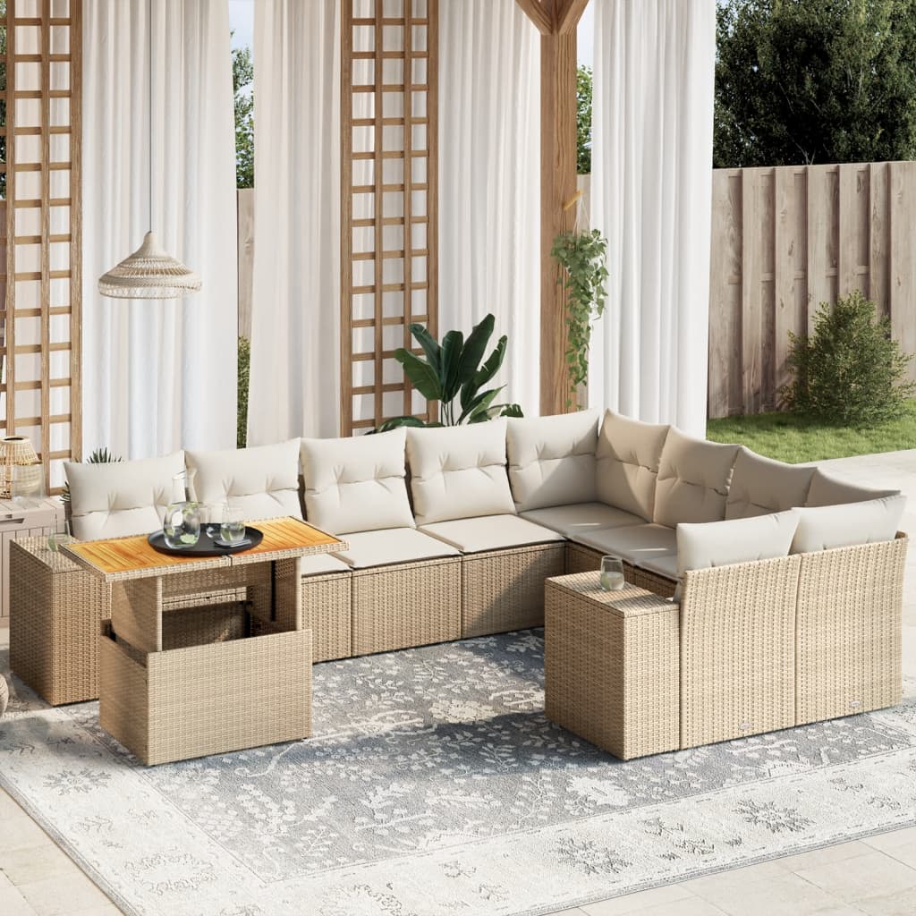 10-delige Loungeset met kussens poly rattan beige – afbeelding 1