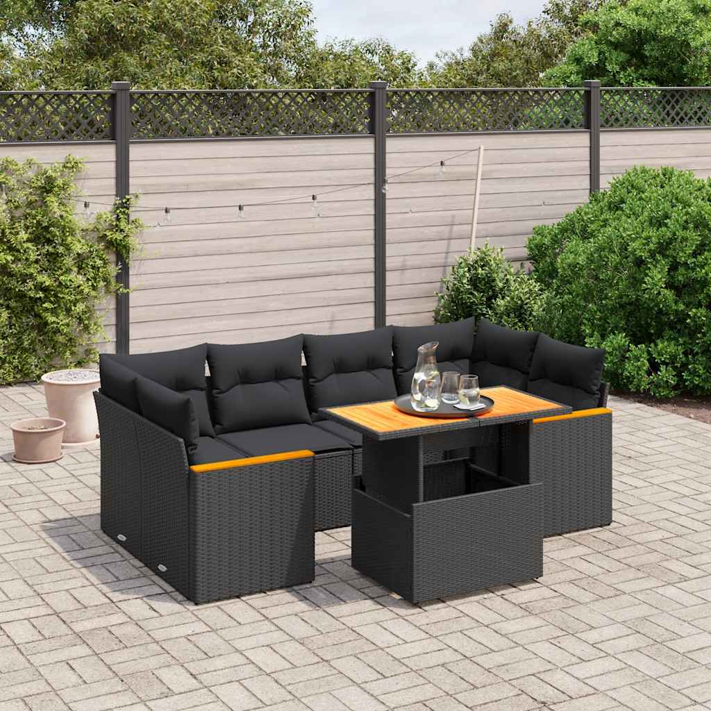 7-delige Loungeset met kussens poly rattan zwart – afbeelding 1