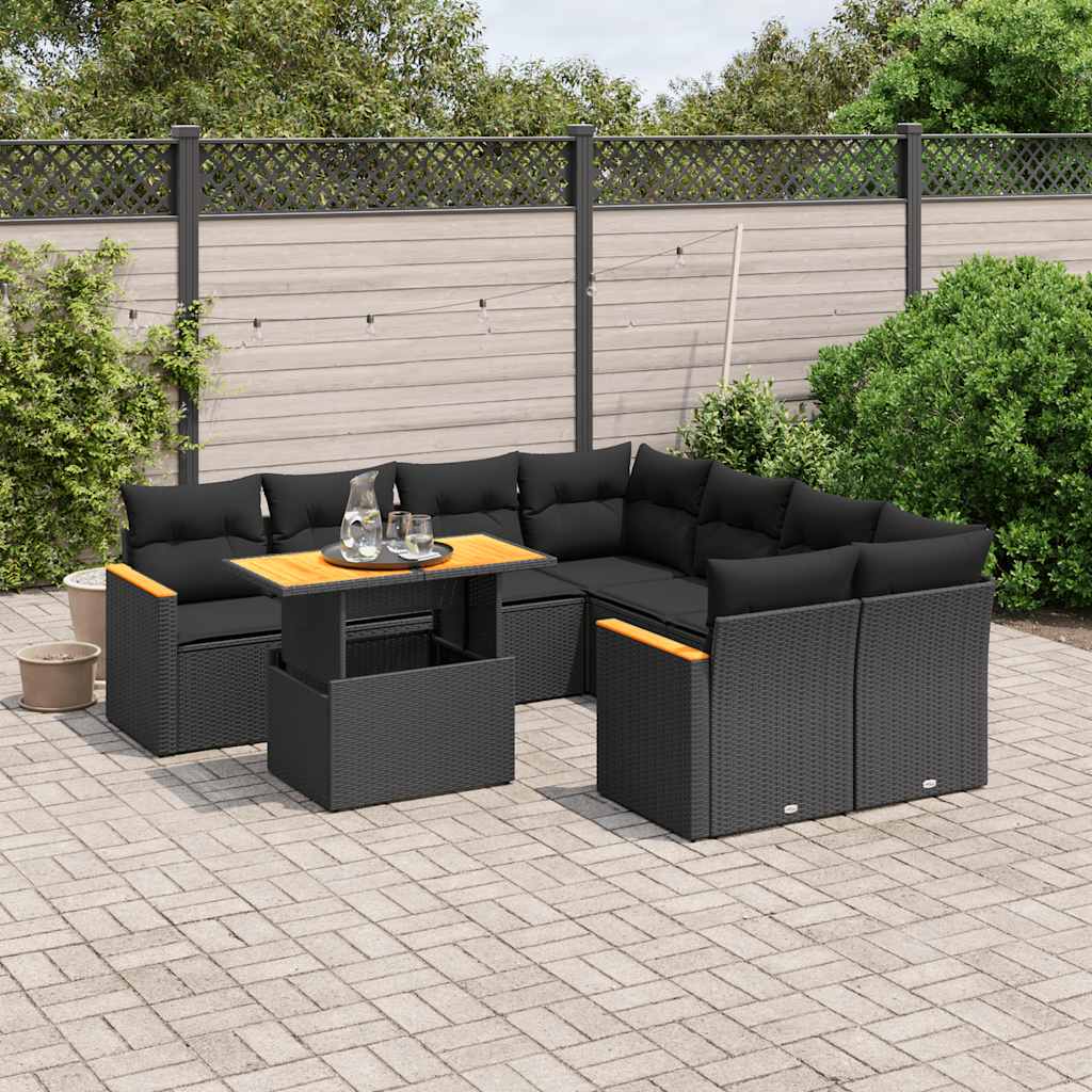 9-delige Loungeset met kussens poly rattan zwart – afbeelding 1