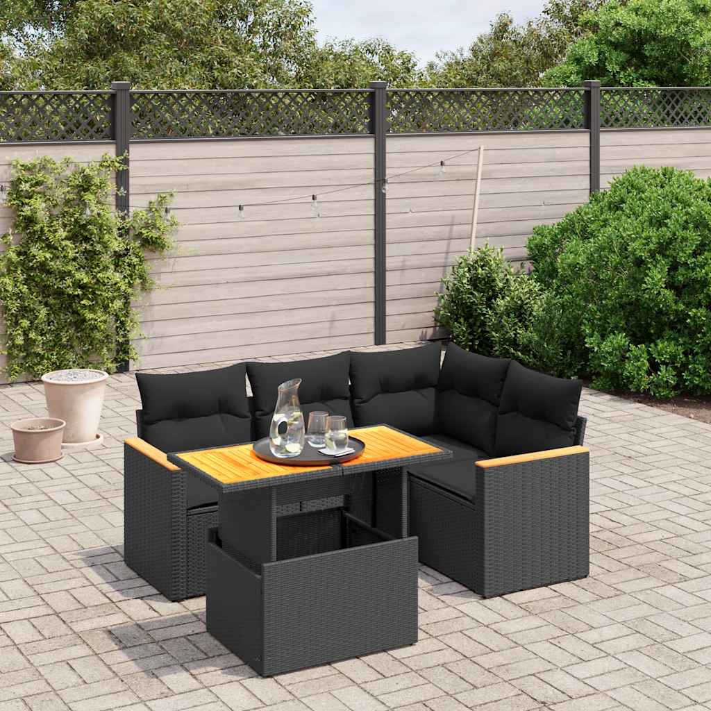 5-delige Loungeset met kussens poly rattan zwart