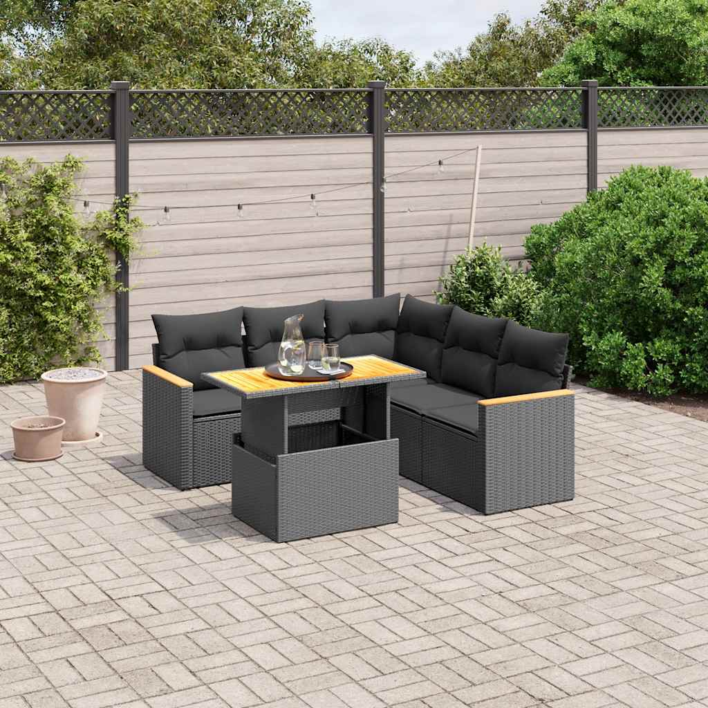 6-delige Loungeset met kussens poly rattan zwart – afbeelding 1
