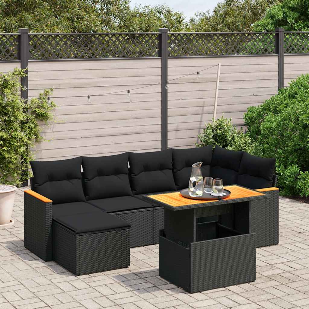 7-delige Loungeset met kussens poly rattan zwart – afbeelding 1