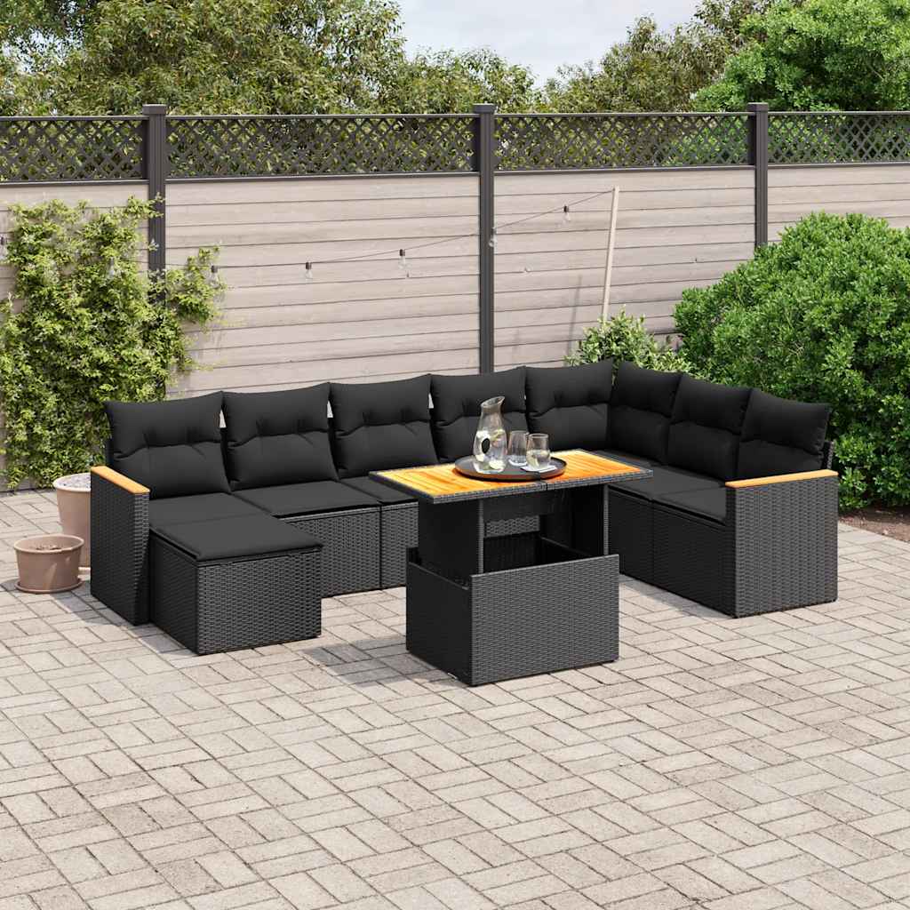 9-delige Loungeset met kussens poly rattan zwart – afbeelding 1