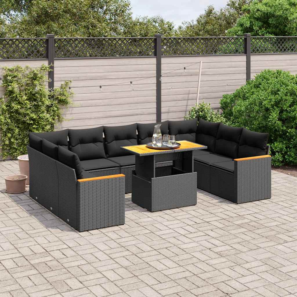 10-delige Loungeset met kussens poly rattan zwart – afbeelding 1