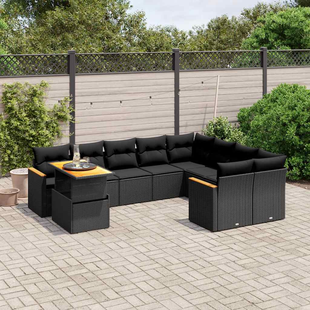 10-delige Loungeset met kussens poly rattan zwart – afbeelding 1