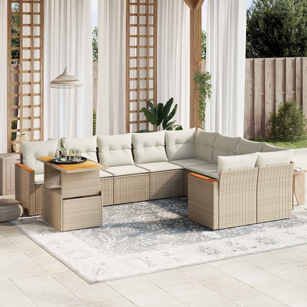10-delige Loungeset met kussens poly rattan beige – afbeelding 1