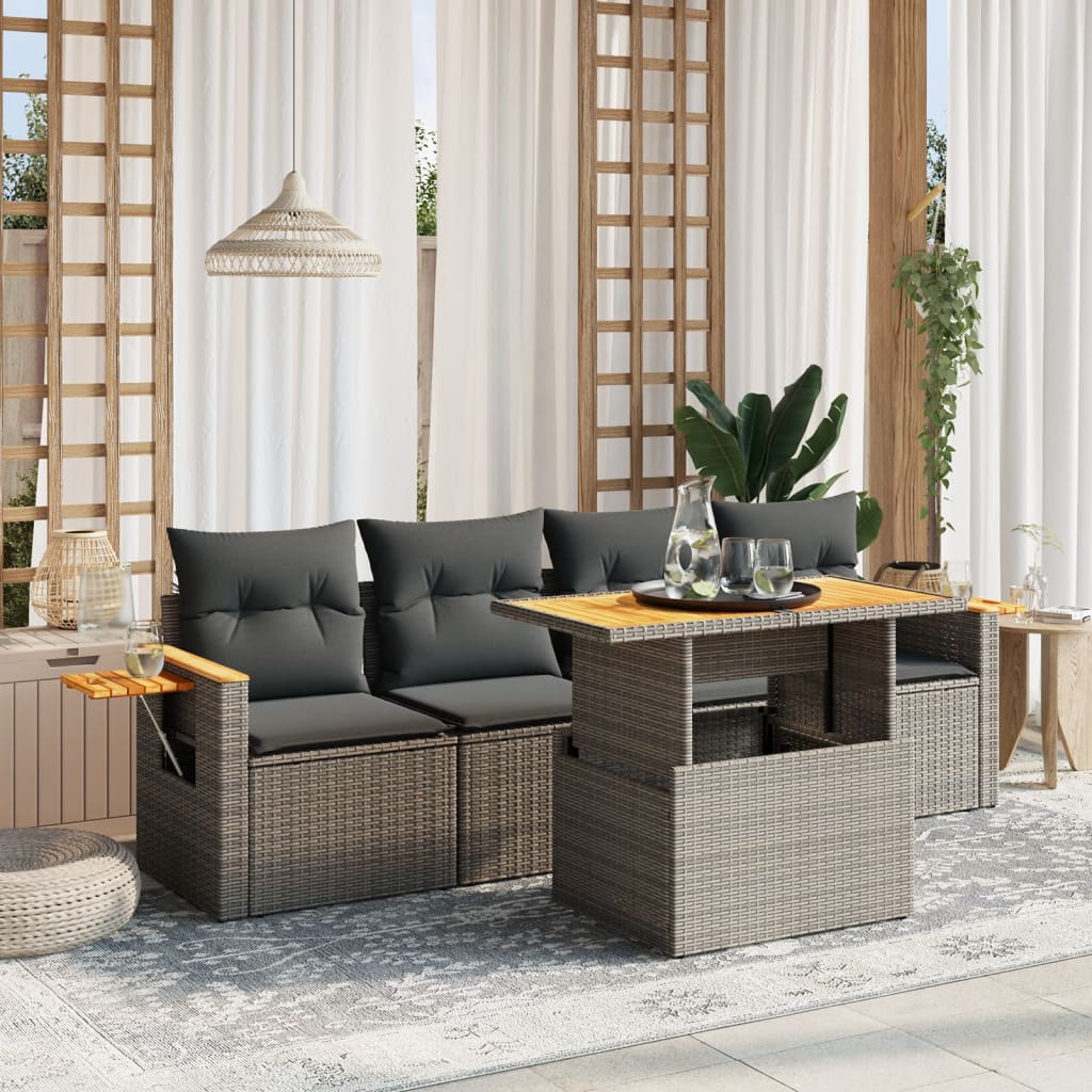 5-delige Loungeset met kussens poly rattan grijs – afbeelding 1