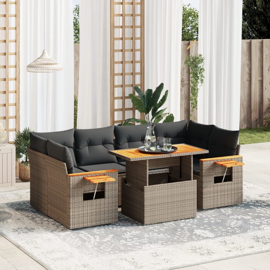 7-delige Loungeset met kussens poly rattan grijs – afbeelding 1