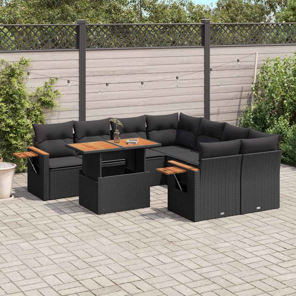 9-delige Loungeset met kussens poly rattan zwart – afbeelding 1